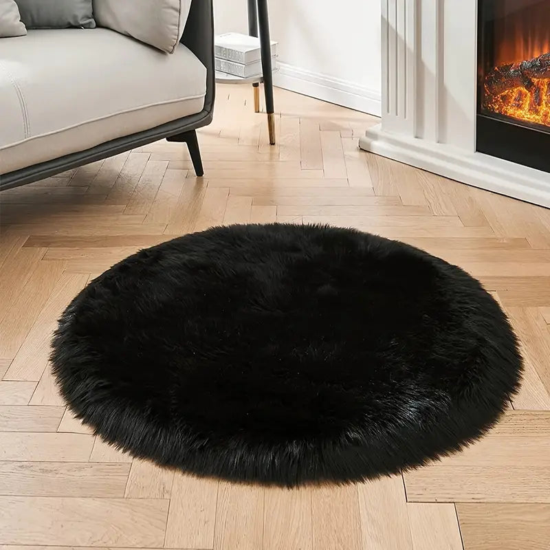 Black Round Imitation Wool Area Rug 15.7in & 35.4in