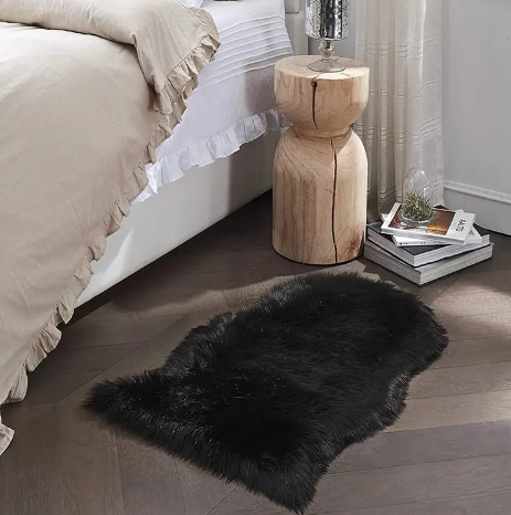 Black Furry Shaggy Rug - Machine Washable Plush Carpet