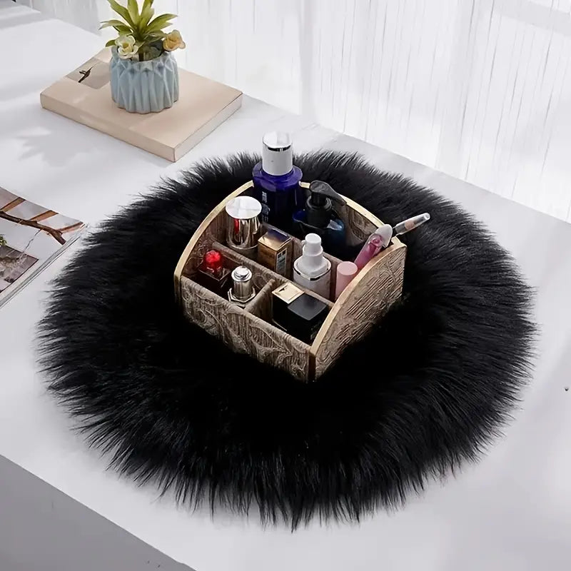 Black Round Imitation Wool Area Rug 15.7in & 35.4in