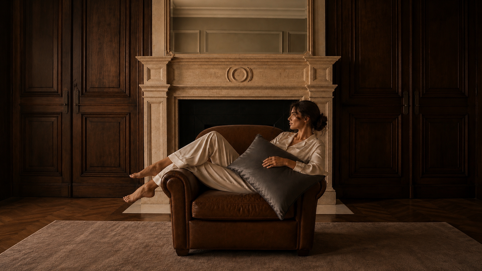 Woman sitting in a leather chair holding a grey 22 momme mulberry silk pillowcase