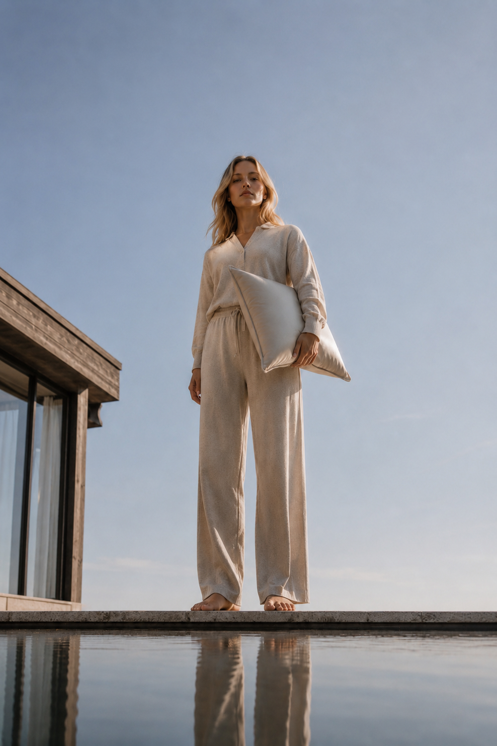 Woman standing beside a pool holding a white mulberry silk pillowcase